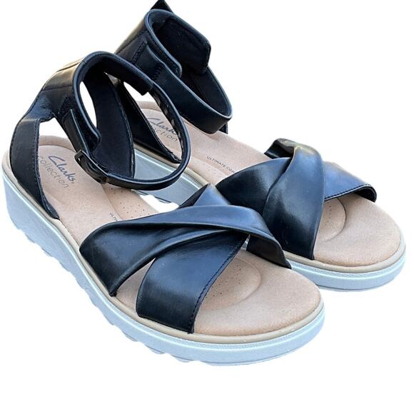 Clarks Jillian Bella Black Leather Ankle-Strap Platform Slide Sandals Women 10M - Picture 1 of 11